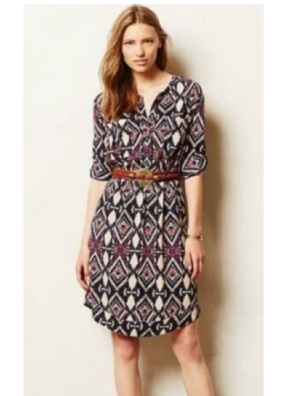 Anthropologie Holding Horses Mira Ikat Geometric Shirt Dress Navy 0